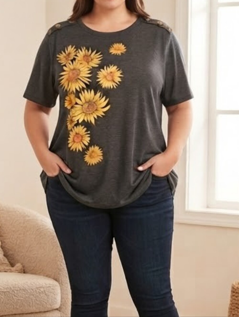 TruSelf Gray Sunflower Print Tunic Top Half Sleeve Button Shoulder Detail 3X